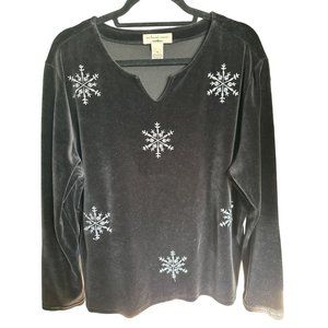 Bechamel Woman size 1X black velour sequin snowflakes holiday party top